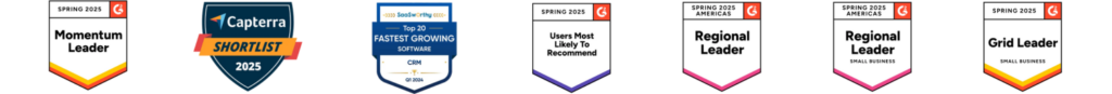 Cosmiq reconocimientos: G2 Momentum Leader, Capterra Shortlist 2025, SaasWorthy Top 20 Fastest Growing CRM, G2 Users Most Likely to Recommend, G2 Regional Leader Americas, G2 Grid Leader Small Business